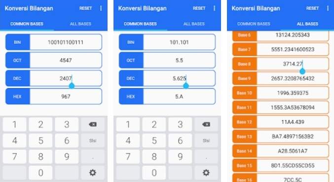 Kalkulator Konversi Bilangan desimal ke biner, desimal ke oktal, desimal ke hexadesimal, biner ke desimal, biner ke oktal, biner ke hexadesimal, oktal ke desimal, oktal ke biner, oktal ke hexadesimal, hexadesimal ke desimal, hexadesimal ke biner dan hexadesimal ke oktal Secara Online