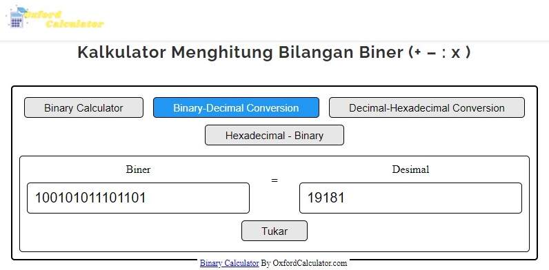 Kalkulator Konversi Bilangan desimal ke biner, desimal ke oktal, desimal ke hexadesimal, biner ke desimal, biner ke oktal, biner ke hexadesimal, oktal ke desimal, oktal ke biner, oktal ke hexadesimal, hexadesimal ke desimal, hexadesimal ke biner dan hexadesimal ke oktal Secara Online